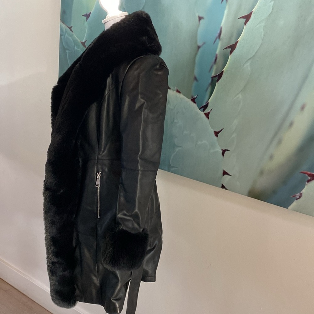 AZALEA WANG GRAM GIRL PU VEGAN LEATHER AND FAUX FUR TRIM WRAP COAT - Picture 4 of 7